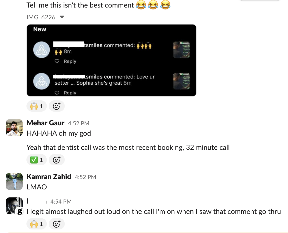GrowRev team reacts to prospect praising AI agent Sophia on Instagram