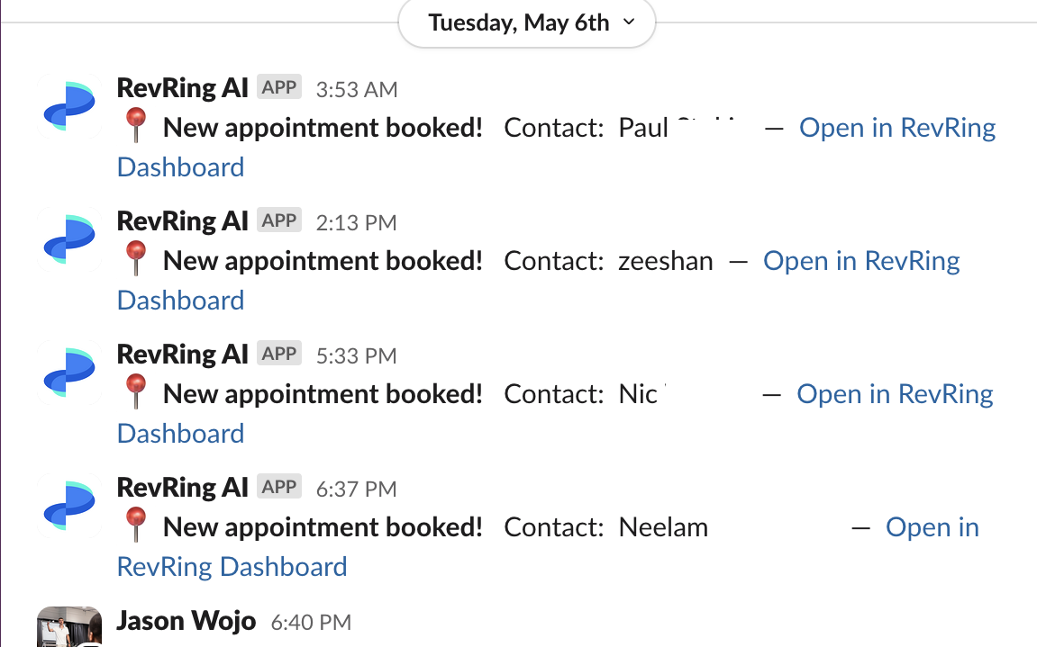 Wojo Media Slack, stream of RevRing booking notifications