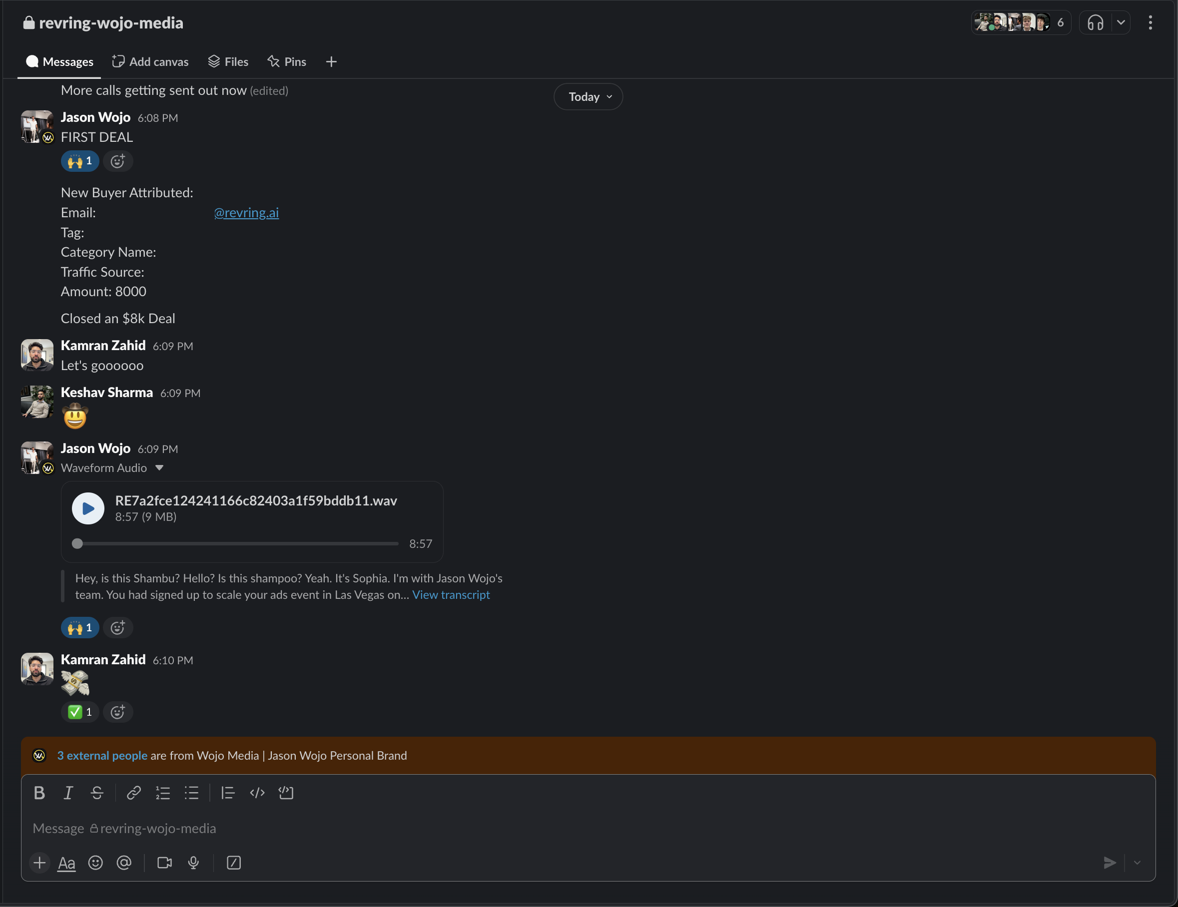 $8,000 deal confirmed — Wojo Media Slack reaction