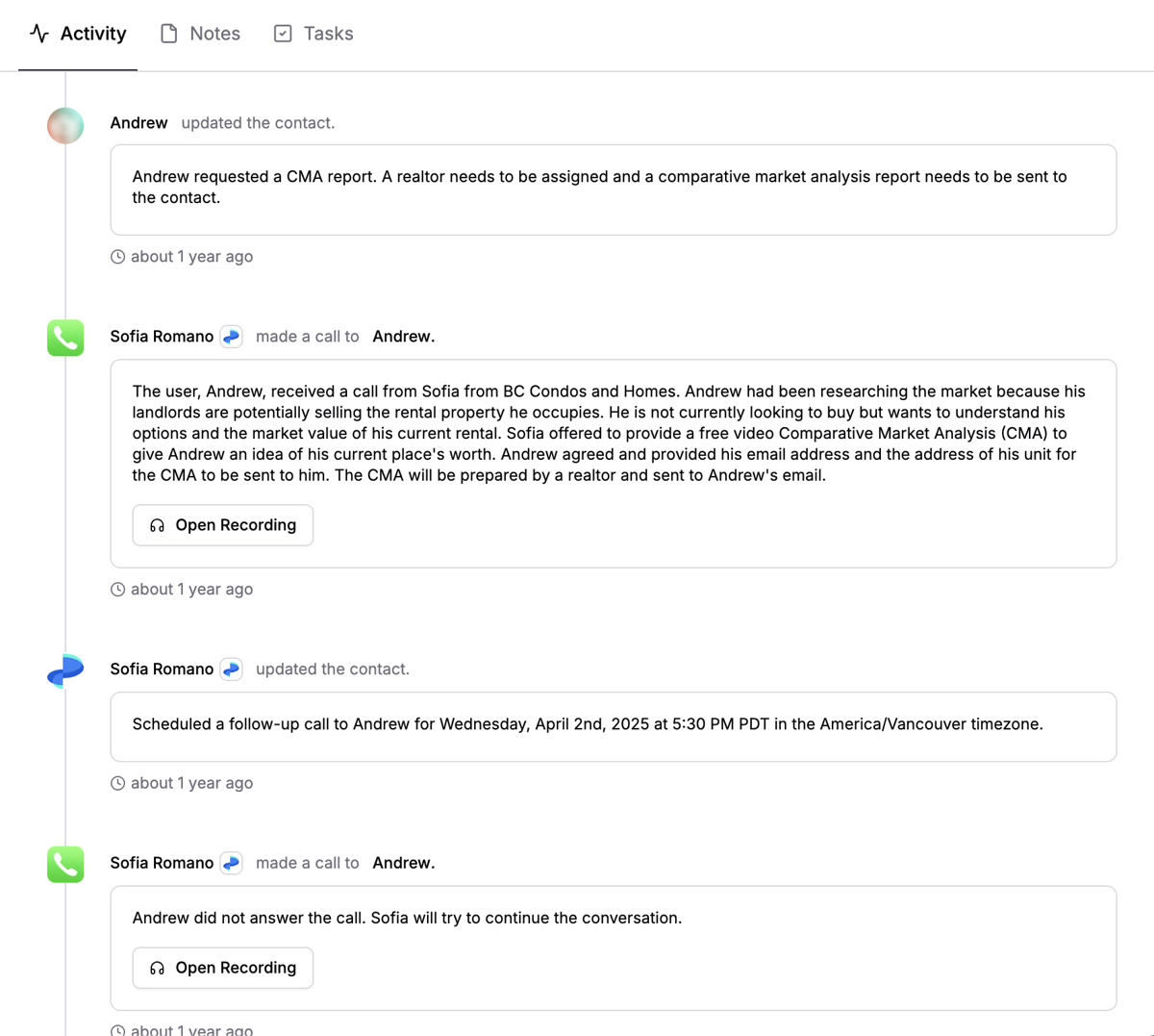 Andrew activity timeline in RevRing dashboard