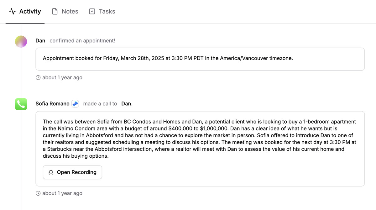 Dan activity timeline in RevRing dashboard