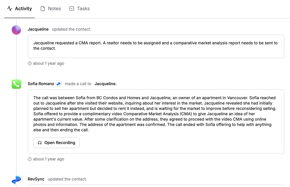 Jacqueline activity timeline in RevRing dashboard