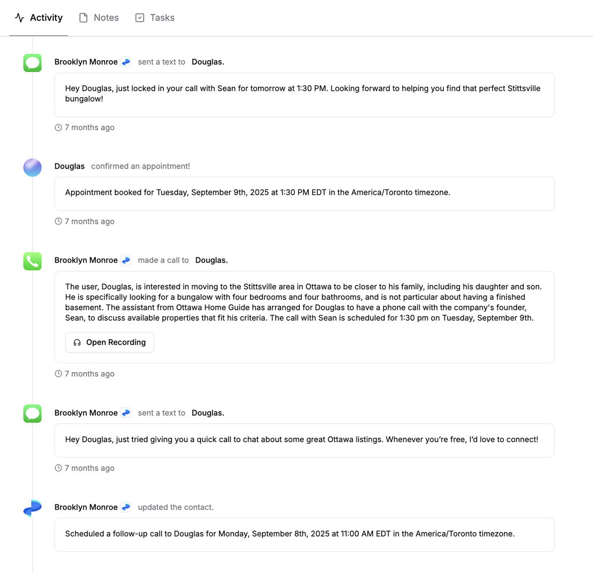 Douglas activity timeline in RevRing dashboard