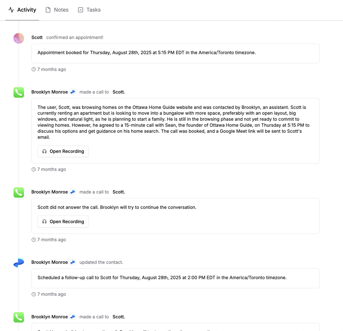 Scott activity timeline in RevRing dashboard