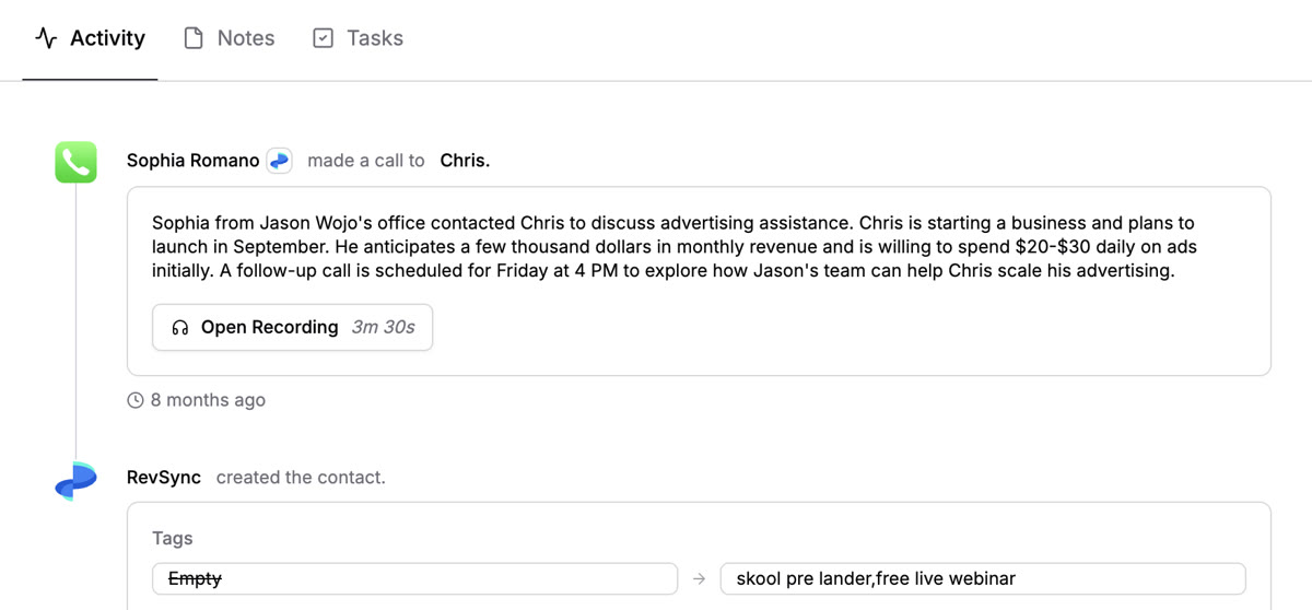 Chris activity timeline in RevRing dashboard