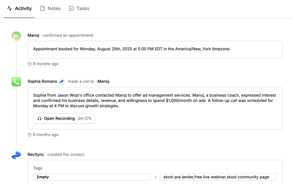Manoj activity timeline in RevRing dashboard