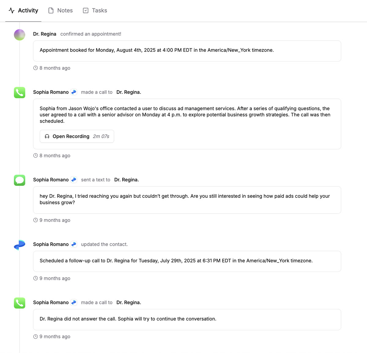 Dr. Regina activity timeline in RevRing dashboard