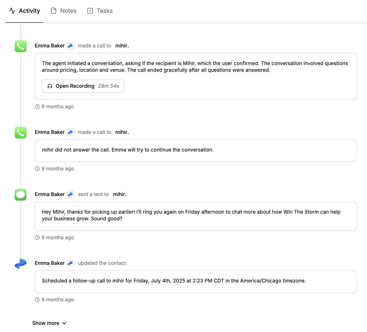 Mihir activity timeline in RevRing dashboard